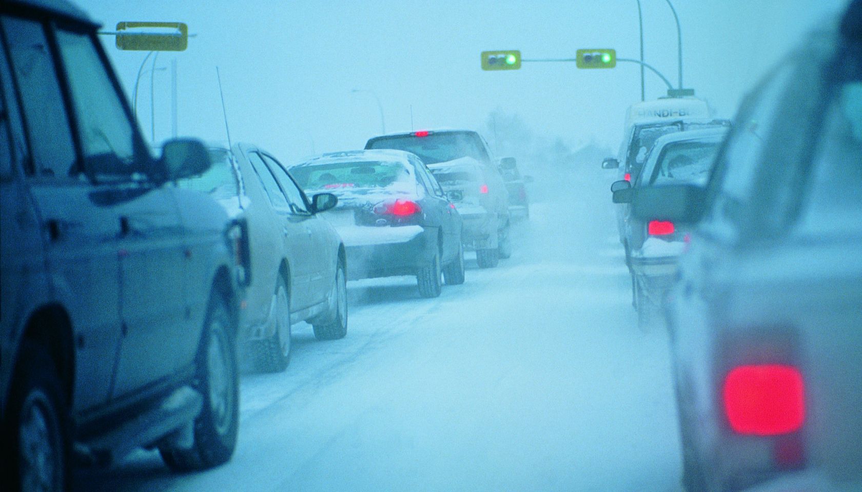 Traffic jam in snowy conditions