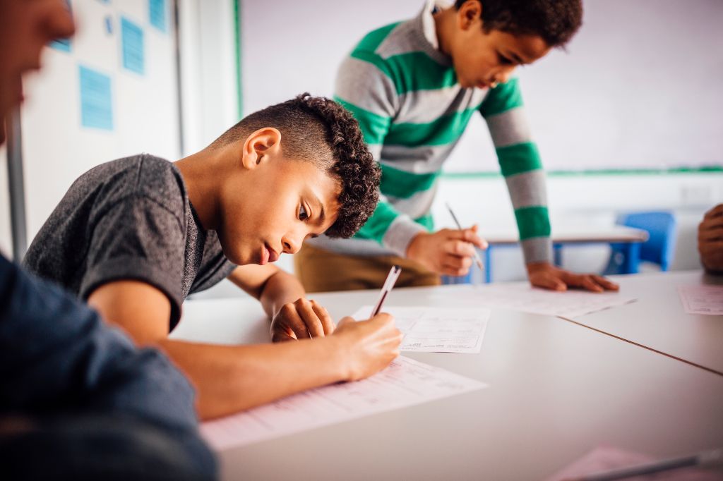 Boys Enjoying School Work Together