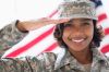 Portrait of smiling Mixed Race soldier saluting near American flag