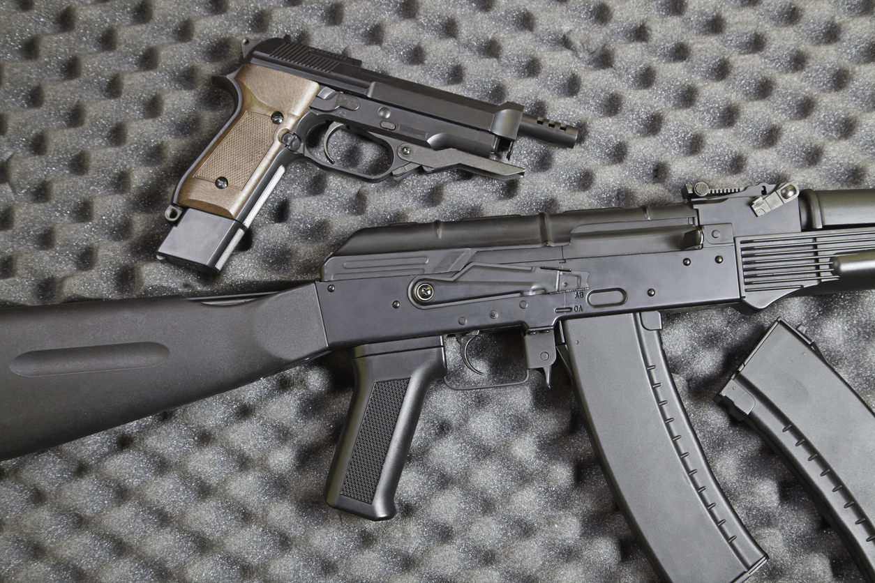 High Angle View Of Weapons On Table