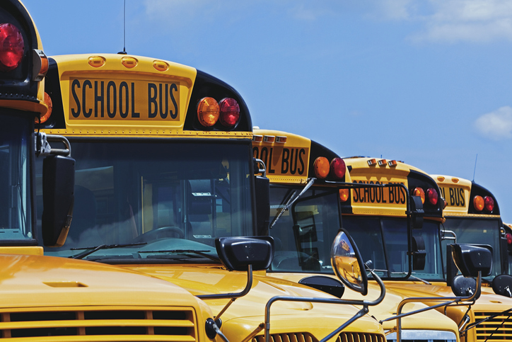 Yellow school buses parked diagonally