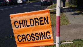 'Children Crossing' traffic flag displayed beside a road