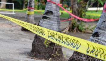Close-Up Of Cordon Tape By Trees