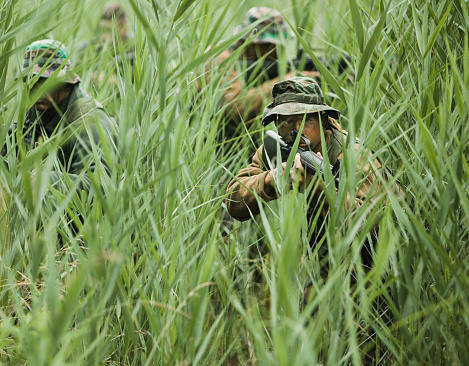 US Marines performing training exercise in swamp grass