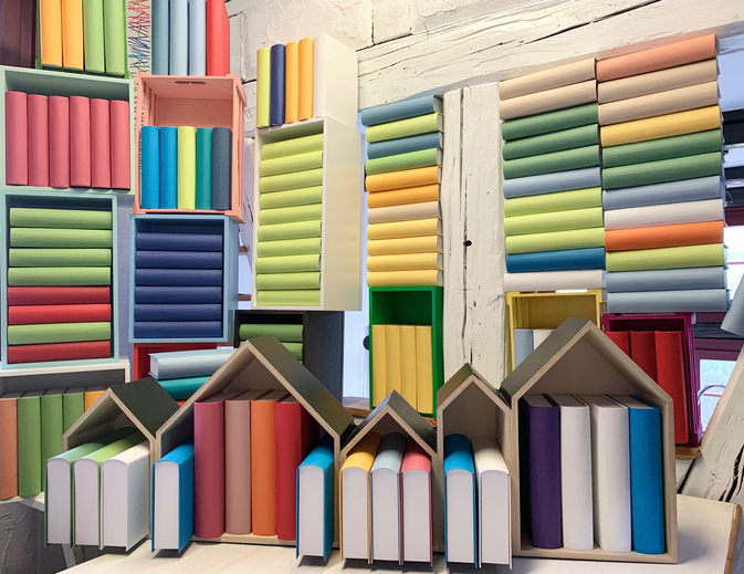 Colorful no name books in boxes