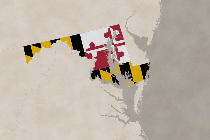 USA map series with state Maryland, old paper, with flag