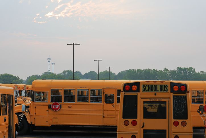 Yellow school buses lined up and ready for kids to go back to school