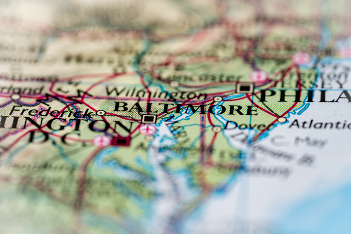Baltimore, United States highlighted on a world map.