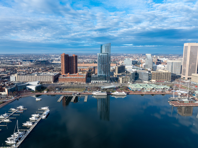 Aerial view of Baltimore's Inner Harbor