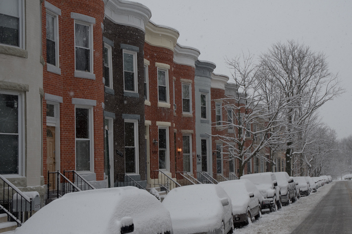Baltimore Inner City - Row Homes with Winter Snow