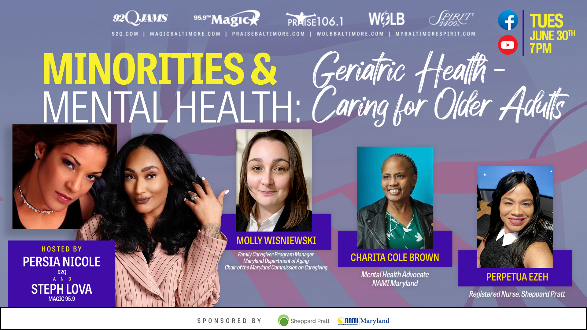 Promotional image for a panel discussion on "Minorities & Mental Health: Geriatric Health - Caring for Older Adults" featuring four speakers: Molly Wisniewski, Charita Cole Brown, and Perpetua Ezeh.