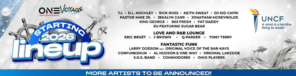 One Voyage music festival poster featuring lineup of artists performing in 2026 including T.I., D.L. Hughley, Rick Ross, Keith Sweat, DJ Kid Capri, and more.